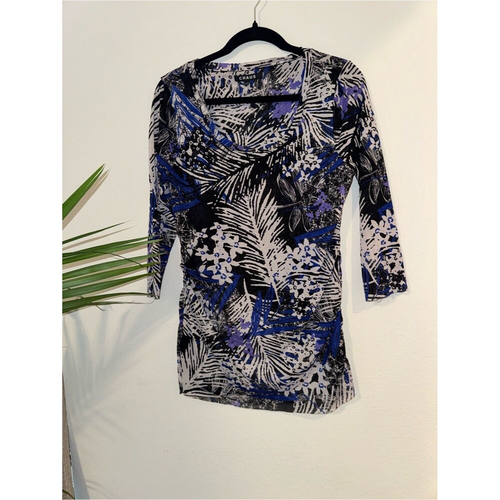 Chaus Black, White & Blue Floral Scoop Neck Long Sleeve Top